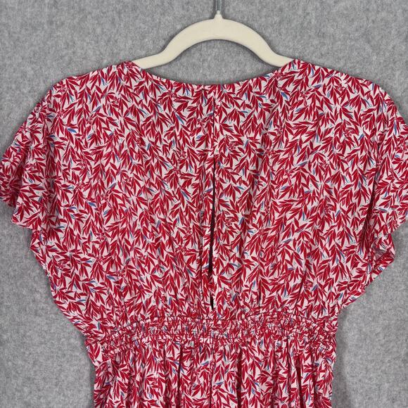 Lulus Romper Small Red Leaf Print Tie Front Flowy Dondi Romantic Vacation Resort - Picture 12 of 14